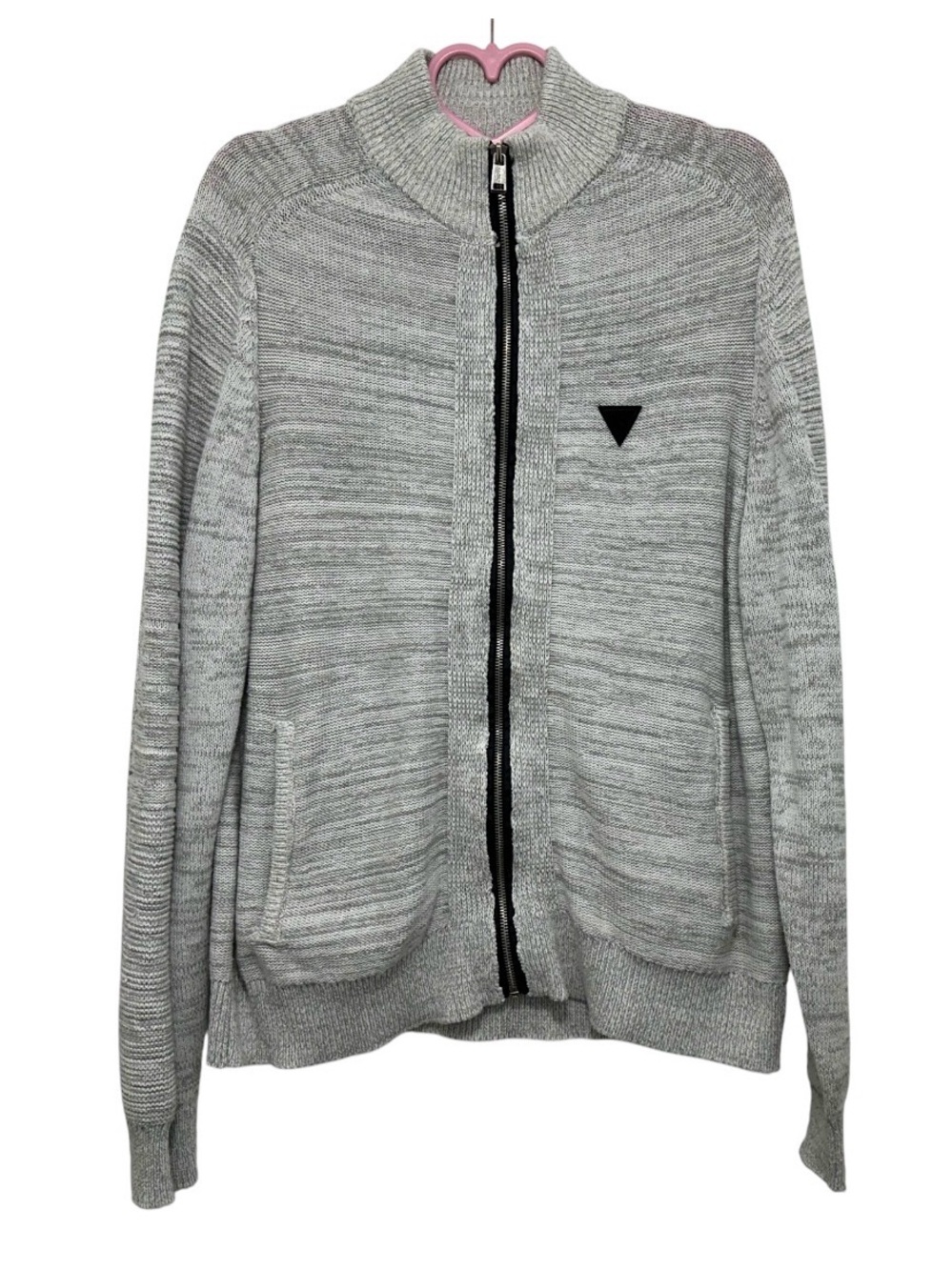 GUESS Men's Charles Marled Full Zip Mock Neck Sweater Gray White Size L